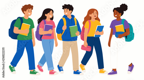 Diverse group of cheerful students walking together carrying colorful backpacks, notebooks, and pencil cases in a bold cartoon vector illustration style for education