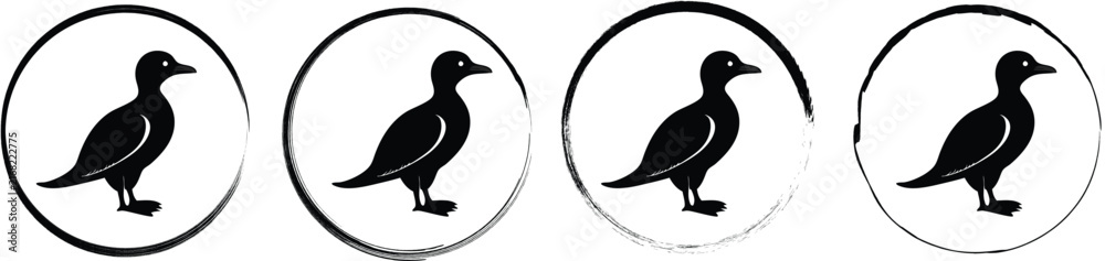 Fototapeta premium Four circular frames with black silhouettes of a standing bird, isolated on a white background circle
