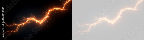 Diagonal orange energy beam and electric lightning effect. Glowing spark discharge on transparent background