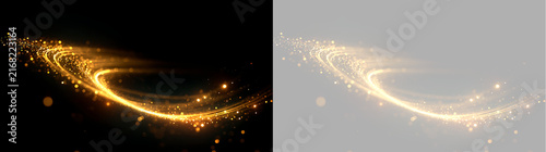 Golden swirling light wave with glittering particles. Glowing spiral curve trail overlay isolated on black and transparent background