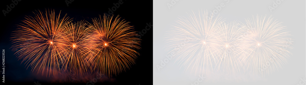 Obraz premium Triple orange firework bursts in night sky isolated on transparent background. Vibrant pyrotechnics display for party and holiday design
