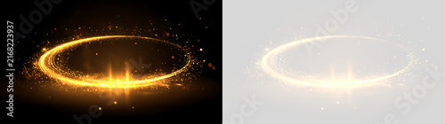 Glowing gold circular light trail with sparks. Magic halo and light effect on black and transparent background