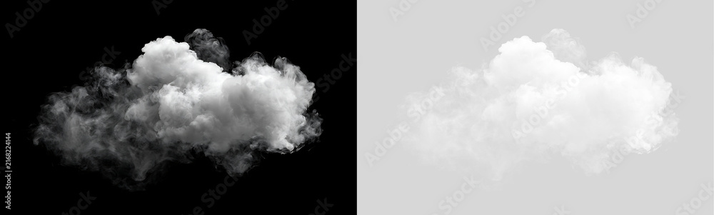 Fototapeta premium Isolated white cloud cutout on transparent and black background. Dense fluffy smoke cloud overlay for sky compositing and graphic design