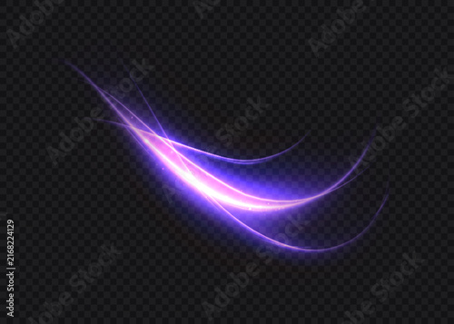 Purple and blue glowing curved lines of light with a bright pink glow and smooth movement, isolated on a transparent dark background. Vector illustration.