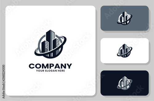 Modern Real Estate Building Logo Design with Orbiting Swoosh Element