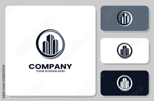 Modern real estate building logo design with circular frame and professional city skyline