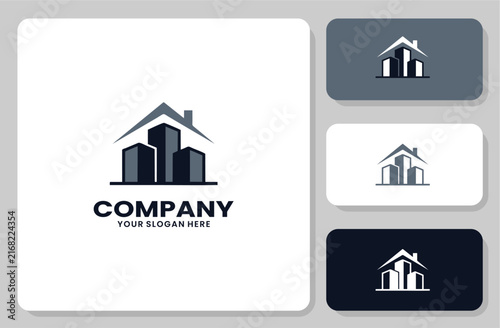 Real Estate Logo Design with Building and House Roof Icon for Property Business Branding