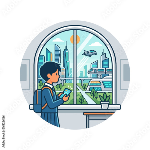 A student looks at a mobile device near a city window