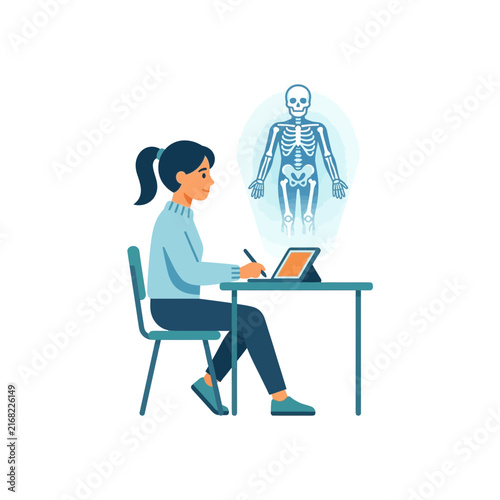 A student studies human anatomy using a digital tablet device