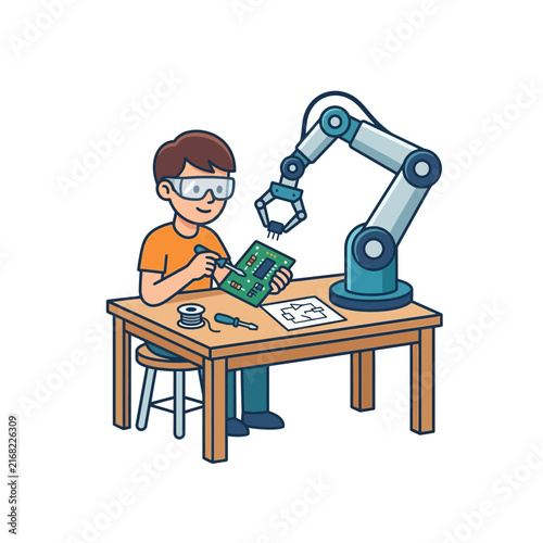 A student works with a robotic arm on a circuit board