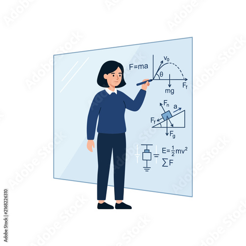 A student writes complex physics equations on a glass board