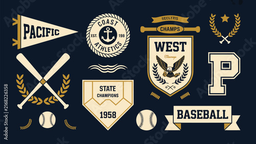 Vintage baseball championship emblem collection with sports badges and symbols