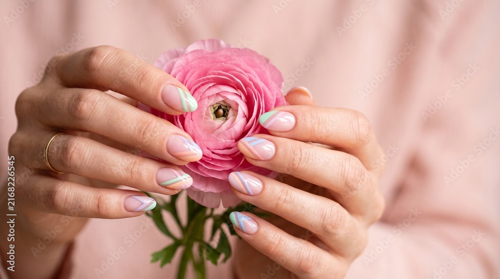 Fototapeta premium Pastel geometric striped nails female hands holding pink flower