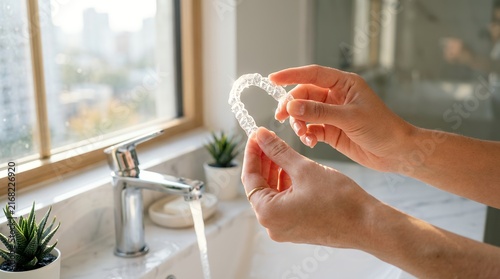 Hands cleaning a clear dental aligner under running water for orthodontic teeth whitening.