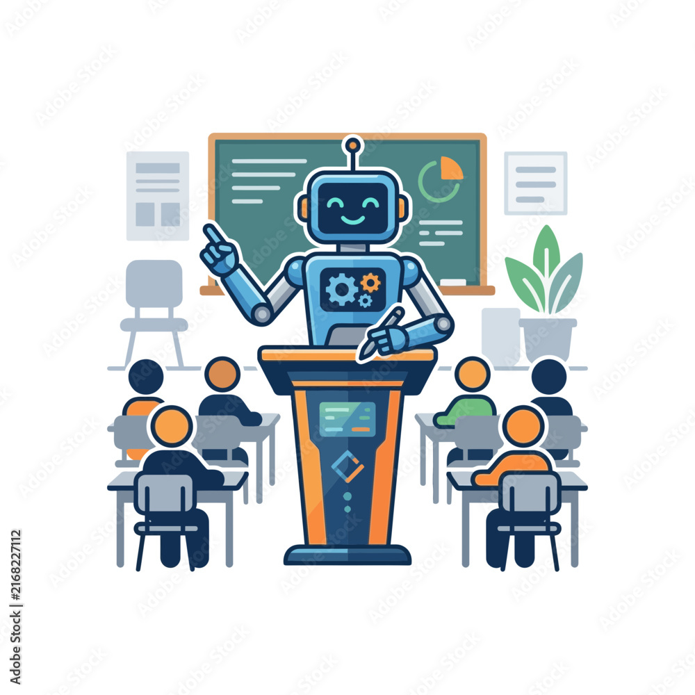 Fototapeta premium A friendly robot teacher instructs students in a modern classroom setting
