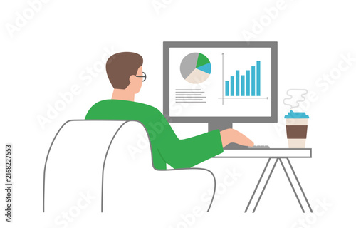 A person working on a computer, analyzing financial charts and business data statistics. Flat vector illustration of remote work