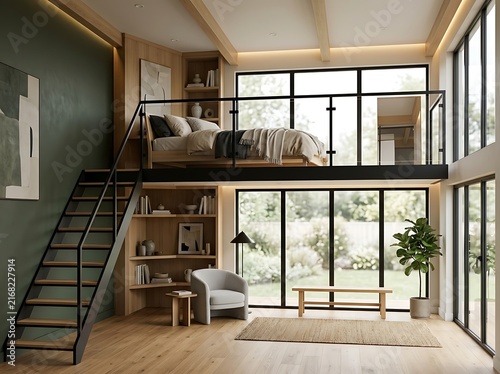 Modern Mezzanine Loft Bedroom Interior Design with Wooden Staircase Large Windows and Minimalist Furniture in a Cozy Contemporary Living Space