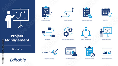 Project management duotone icon set for business workflow and planning
