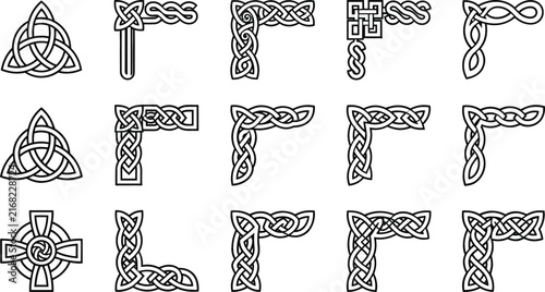 Obraz na płótnie Celtic knot corner border frames and traditional trinity knot symbols graphic vector icon set