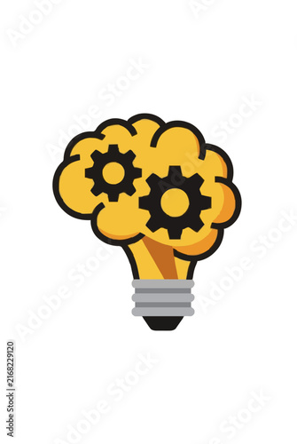 Hand-drawn yellow lightbulb shaped like a brain with mechanical gears inside, vector icon illustration symbolizing creative thinking, innovation, ideas, intelligence, and engineering design concept