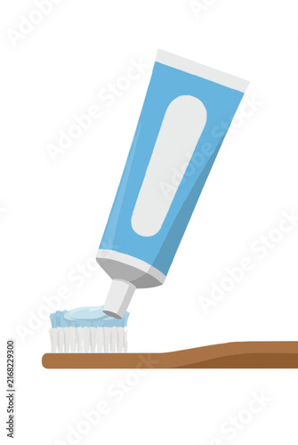 Hand-traced vector illustration of a blue toothpaste tube squeezing minty paste onto a soft bristle toothbrush, clean flat design for dental hygiene concepts and oral care graphics