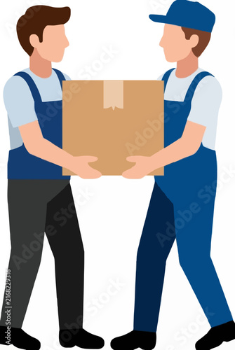 Two professional movers in blue uniforms carrying a large cardboard box together as a teamwork vector illustration depicting moving services and relocation concept