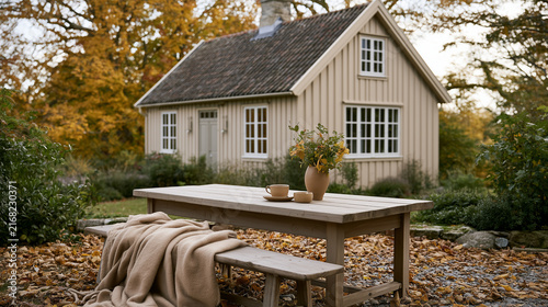 Cozy Wooden Picnic Table and Bench with Blanket and Coffee in Front of Autumn Cottage