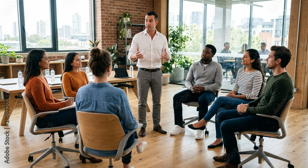 Obraz premium Confident Male Mentor Leading Workshop with Diverse Creative Team in Modern Office