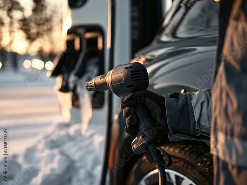 Using a heat gun to unfreeze a stuck electric car charging cable connector at an outdoor winter charging location