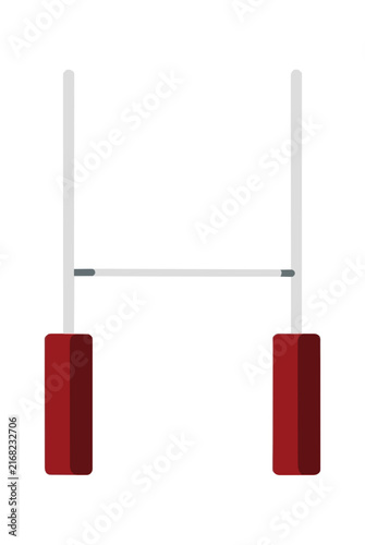 Hand-traced vector icon of rugby goalposts standing on a field, featuring tall white uprights, a horizontal crossbar, and dark red padded base sleeves in a clean minimalist illustration style