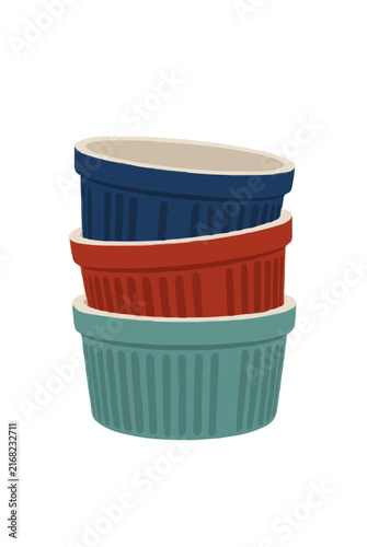 Hand-traced vector illustration of a stack of three ceramic ramekins in navy blue, terracotta red, and teal colors, perfect vintage baking and kitchenware icon for culinary designs