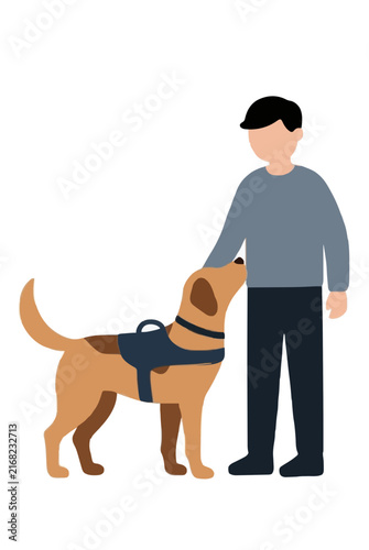Hand-traced vector illustration of a smiling service dog wearing a harness standing beside its owner, perfect flat design icon for accessibility and assistance themes