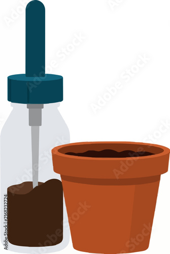 Hand-traced vector illustration of a soil testing dropper bottle beside a terracotta planter filled with dark soil, perfect flat icon for gardening, agriculture, and horticulture themes.
