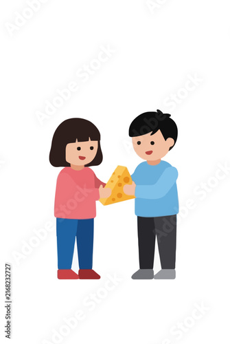 Charming hand-drawn vector illustration of two cheerful children grating cheese together, featuring a cute girl and boy sharing kitchen cooking fun, perfect for culinary designs, food education, and
