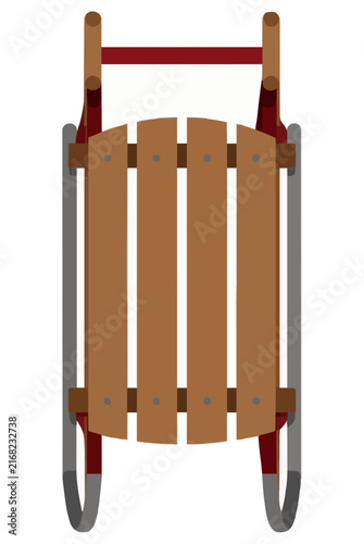 Hand-crafted wooden sled vector illustration featuring classic curved metal runners, vertical slatted seat, and sturdy handlebar, perfect vintage winter transport icon design