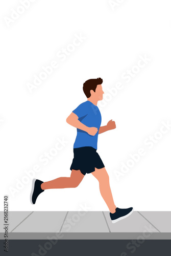 Flat vector illustration of a determined young man in blue shirt and dark shorts jogging along a gray city sidewalk, capturing urban fitness and active lifestyle in a clean minimalist hand-traced