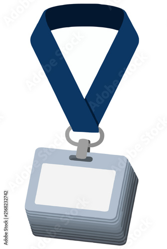 Vector illustration of a stack of conference lanyards featuring blank identification badges, designed with a blue neck strap, silver ring clip, and neatly arranged badges in a clean isometric style.