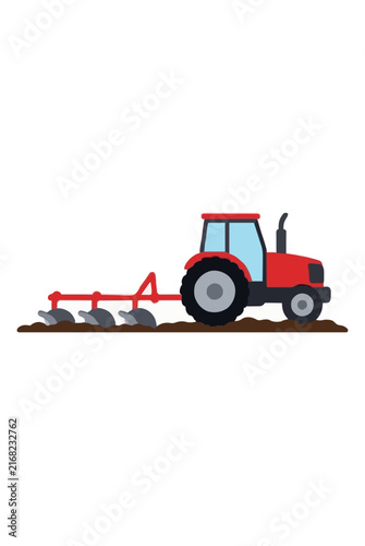 Hand traced vector illustration of a red tractor pulling a plow through dark soil, perfect flat farming icon with large wheels, cabin, exhaust pipe, and curved plow blades