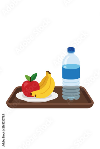 Hand-traced vector icon illustration of a wooden amenity tray holding a white plate with fresh red apple and yellow banana, accompanied by a blue bottled water beverage for hospitality service