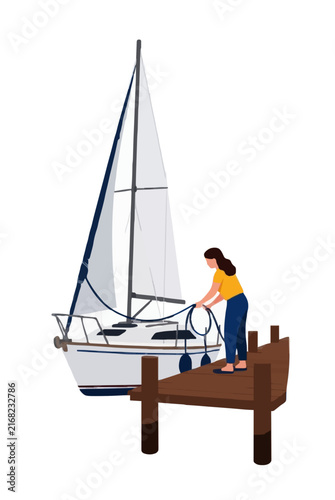 A vivid vector illustration of a woman standing on a wooden pier, skillfully docking a white sailboat with blue accents. She holds a rope to secure the vessel to the dock during a sunny day.