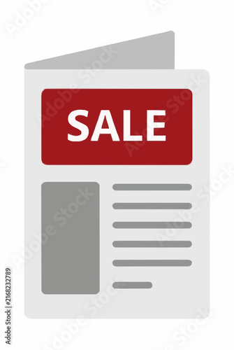 Bold red SALE banner vector icon illustration of a folded marketing flyer template with blank text lines and image placeholder area for weekly promotion advertising design