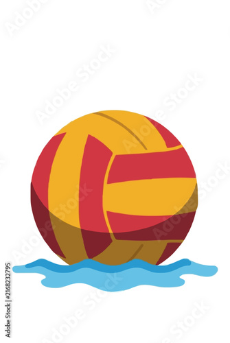 Hand-traced vector icon illustration of a colorful water polo ball floating on rippling water surface, vibrant red and yellow stripes, flat design clipart for sports themes