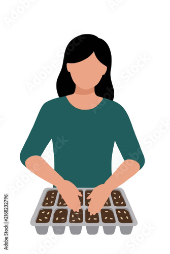 Hand-traced vector illustration of a faceless woman pressing seeds into a compartmentalized seedling tray, depicted in teal and warm tones with a clean flat design style