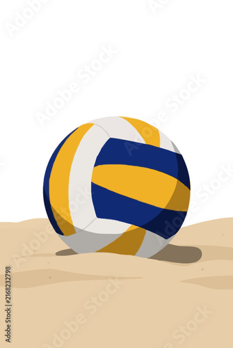 Hand-traced vector illustration of a yellow, white, and blue volleyball resting on a sand court, casting a soft shadow beneath it for sporty graphic design projects