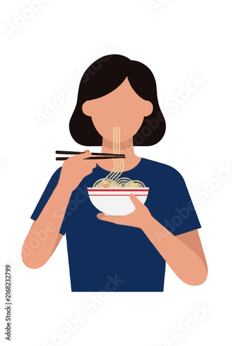 Hand-drawn flat vector illustration of a young woman enjoying a steaming bowl of Asian noodles with chopsticks, isolated on white background, minimalist cartoon character design.