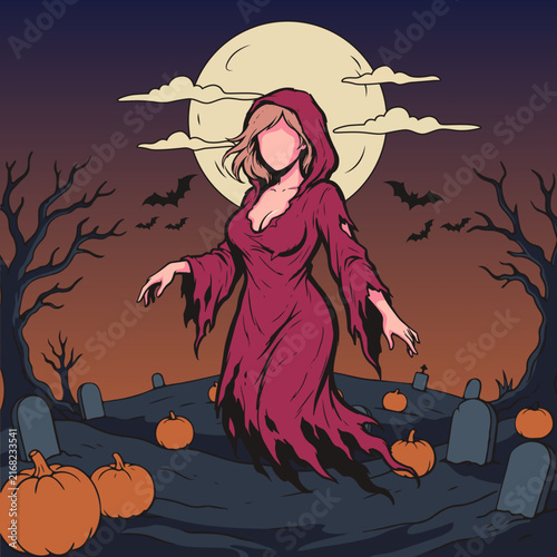 Spooky Female Ghost in Red Robe Floating Over Graveyard on Halloween Night Vector Illustration