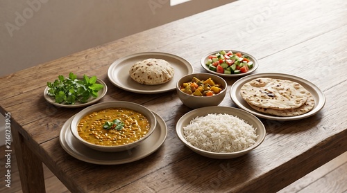 Indian Thali Vector Dal Tadka Basmati Rice Roti Chapati Curry Wooden Table Art