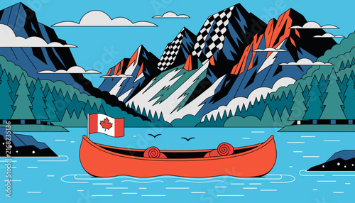 Canadian mountain landscape with canoe, Travel and adventure concept
