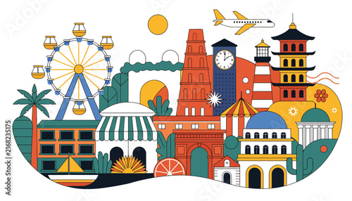 colorful illustration of tourist attractions around the world