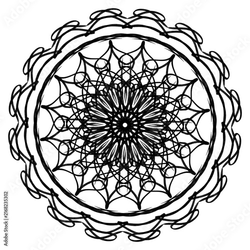 Geometric lace displays a complex web of thin black lines in a round frame.